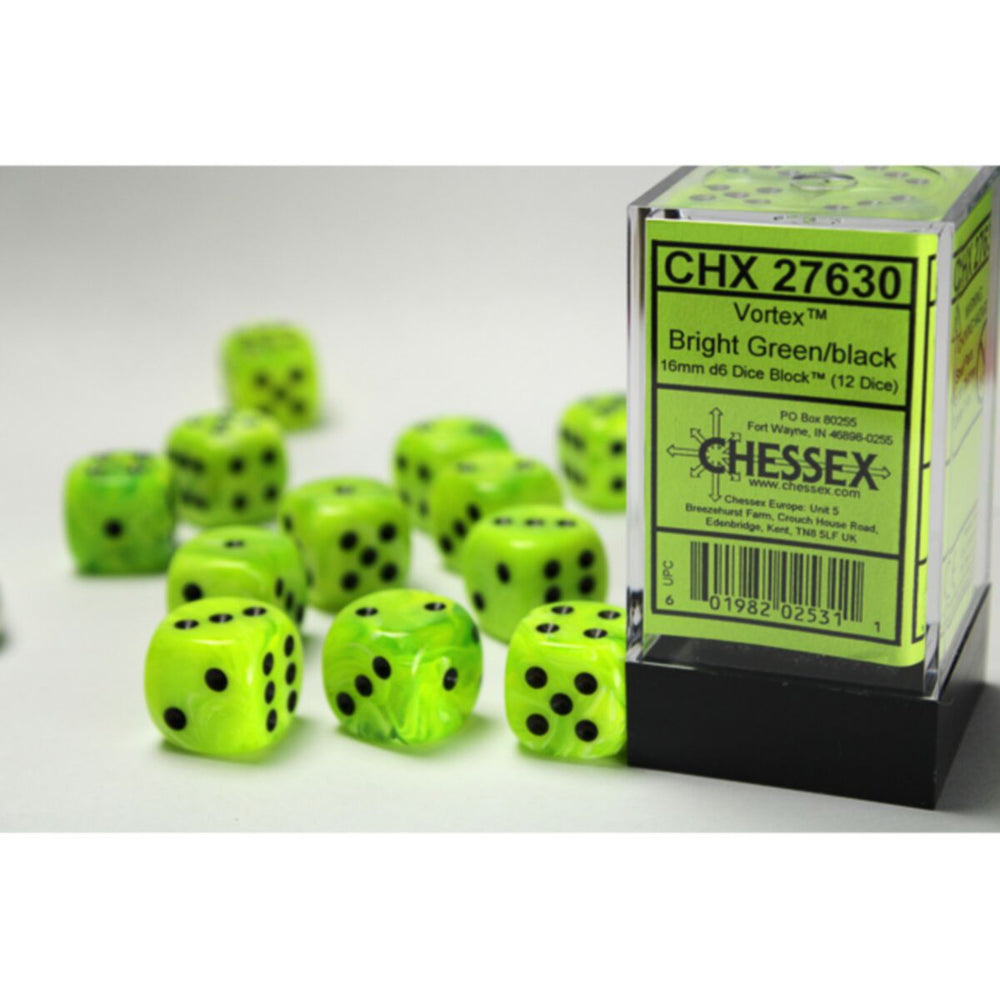 Chessex: 16mm d6 (12) Vortex Bright Green/black