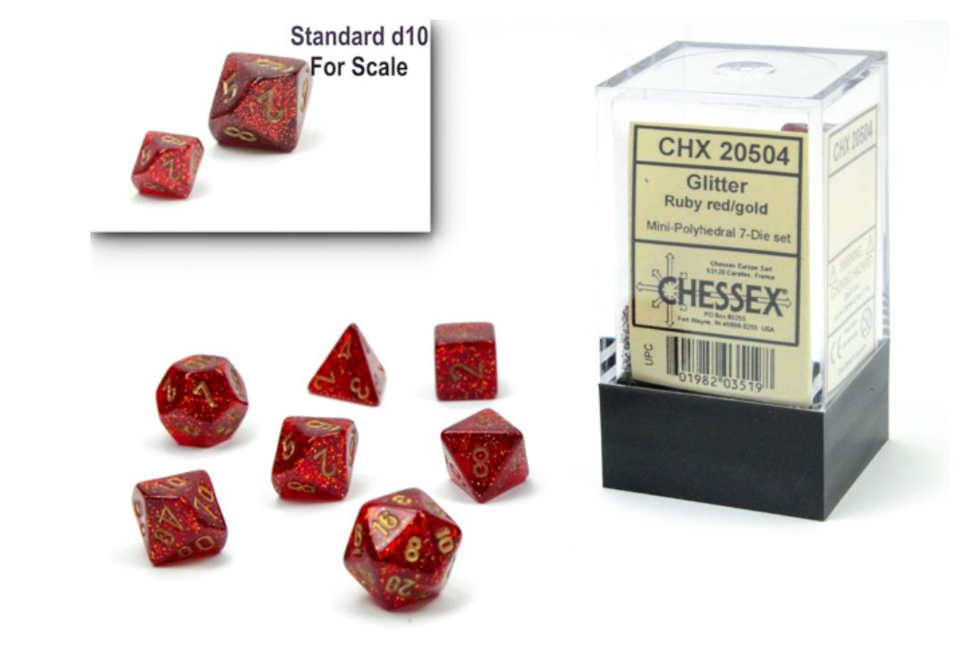 Chessex: Mini-Polyhedral 7-Die Set GLITTER Ruby Red/Gold