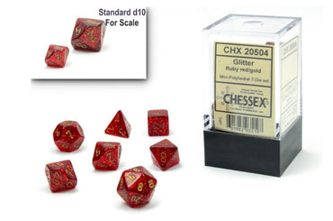 Chessex: Mini-Polyhedral 7-Die Set GLITTER Ruby Red/Gold