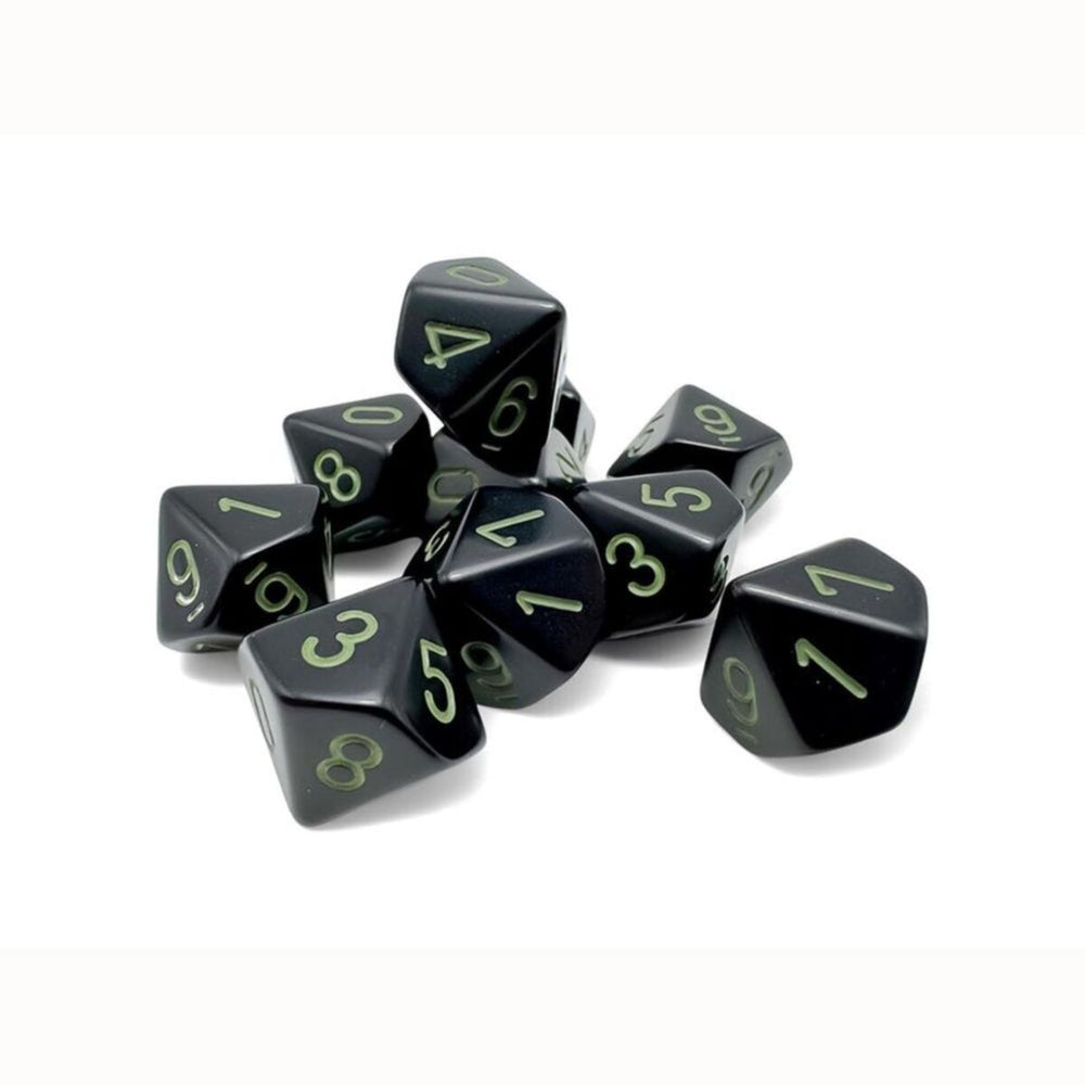 Chessex Dice Sets: Opaque Black/green d10 Set (10)