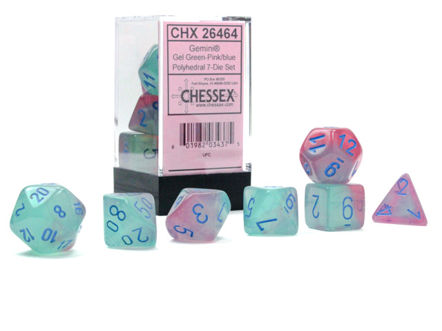 Chessex Dice Sets: Gemini Polyhedral Gel Green-Pink/blue Luminary 7-Die Set