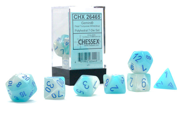 Chessex: Polyhedral 7-Die Set Gemini Pearl Turquoise-White/blue Luminary