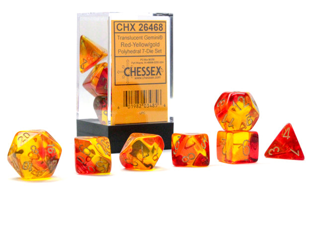 Chessex Dice Sets: Gemini Polyhedral Translucent Red-Yellow/gold 7-Die Set