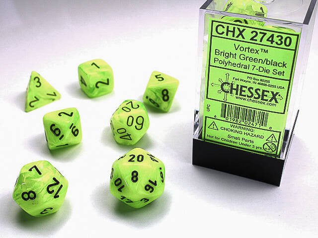 Chessex Dice Sets: Bright Green/black Vortex Polyhedral 7-Die Set
