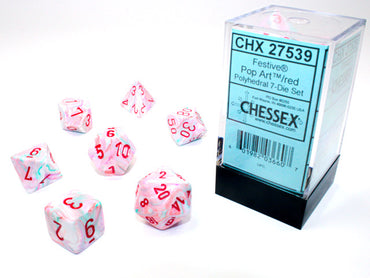 Chessex Dice Sets: Festive Polyhedral Pop Art/red 7-Die set