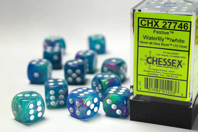 Chessex: 16mm d6 (12) Waterlily/white Festive