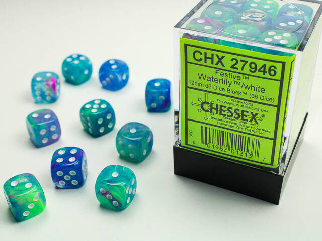 Chessex Dice Sets: Waterlily/white Festive 12mm d6 (36)