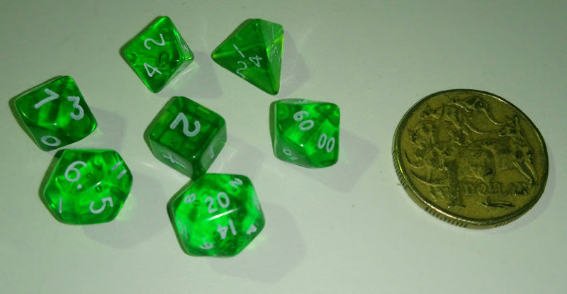 Chessex RPG Dice Sets: Transparent Mini-Polyhedral Green/white 7-Die Set