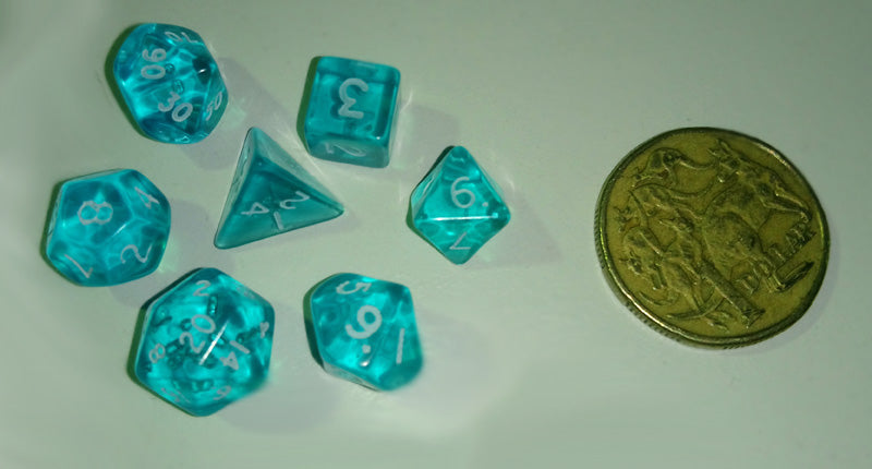 Chessex RPG Dice Sets: Transparent Mini-Polyhedral Teal/white 7-Die Set