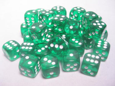 Chessex Dice Sets: Green/White Translucent 12mm d6 (36)