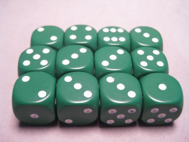 Chessex Dice Sets: Green/White Opaque 16mm d6 (12)