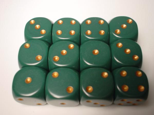Chessex Dice Sets: Green/Copper Dusty Opaque 16mm d6 (12)