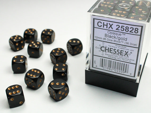 Chessex Dice Sets: Black/Gold Opaque 12mm d6 (36)
