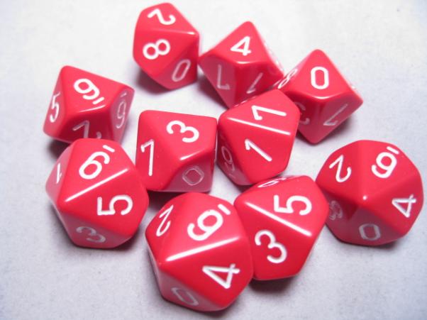 Chessex Dice Sets: Red/White Opaque d10 Set (10)