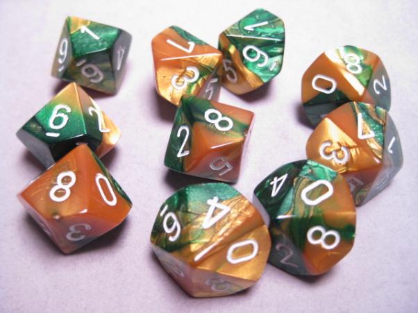 Chessex Dice Sets: Gold-Green/White Gemini d10 Set (10)