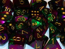 Chessex Dice Sets: Green-Purple/Gold Gemini d10 Set (10)