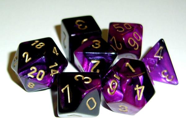 Chessex Dice Sets: Gemini 4 Poly D10 Black Purple/gold (10)