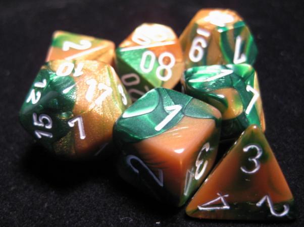 Chessex Dice Sets: Gold-Green/White Gemini Polyhedral 7-Die Set