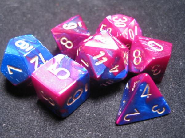 Chessex Dice Sets: Blue-Purple/Gold Gemini Polyhedral 7-Die Set