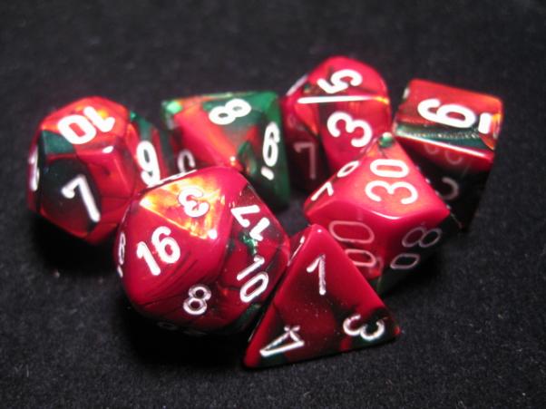 Chessex Dice Sets: Green-Red/White Gemini Polyhedral 7-Die Set