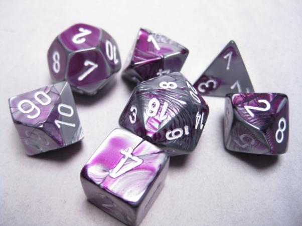 Chessex Dice Sets: Purple-Steel/White Gemini Polyhedral 7-Die Set
