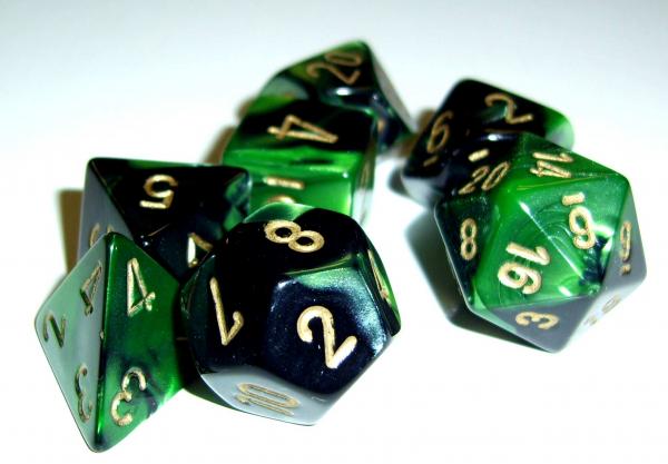 Chessex Dice Sets: Gemini Black Green/gold Polyhedral 7-Die Set