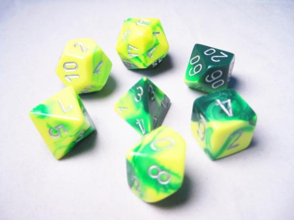 Chessex RPG Dice Sets: Gemini # 6 Green-Yellow/Silver Polyhedral 7-Die Set