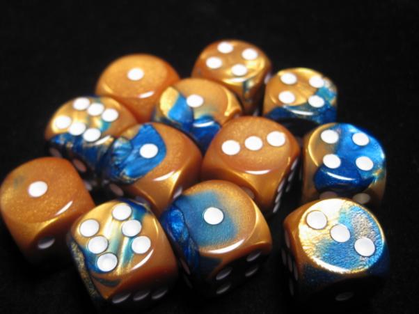 Chessex Dice Sets: Blue-Gold/White Gemini 16mm d6 (12)