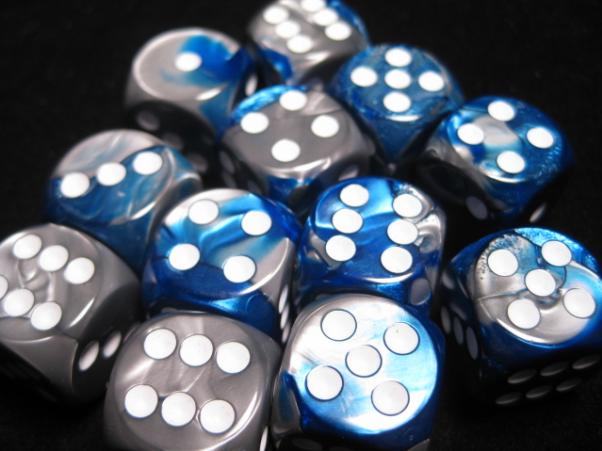 Chessex Dice Sets: Blue-Steel/White Gemini 16mm d6 (12)