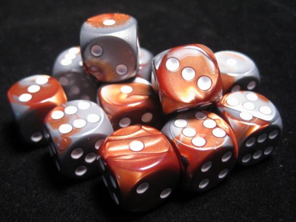 Chessex Dice Sets: Copper-Steel/White Gemini 16mm d6 (12)