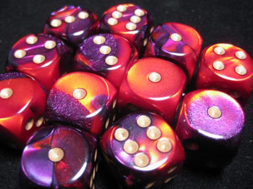 Chessex Dice Sets: Purple-Red/Gold Gemini 16mm d6 (12)