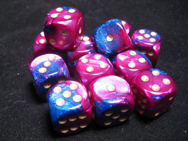 Chessex Dice Sets: Blue-Purple/Gold Gemini 16mm d6 (12)