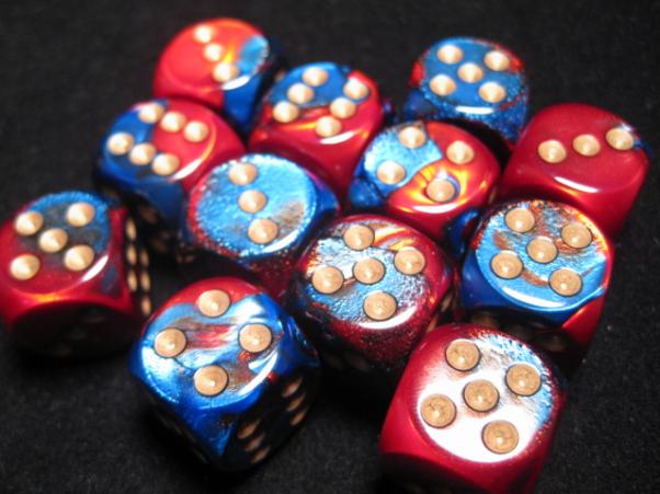 Chessex Dice Sets: Blue-Red/Gold Gemini 16mm d6 (12)
