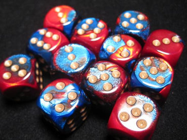 Chessex Dice Sets: Blue-Red/Gold Gemini 16mm d6 (12)