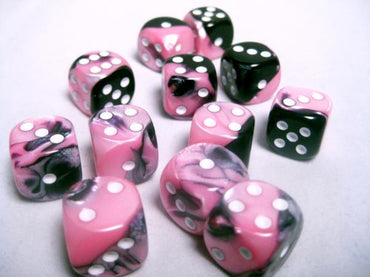 Chessex Dice Sets: Black-Pink/White Gemini 16mm d6 (12)