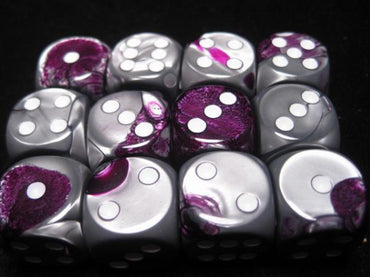 Chessex Dice Sets: Purple-Steel/White Gemini 16mm d6 (12)