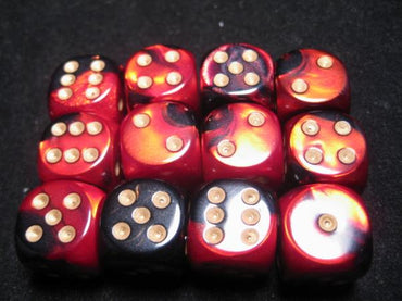 Chessex Dice Sets: Black-Red/Gold Gemini 16mm d6 (12)