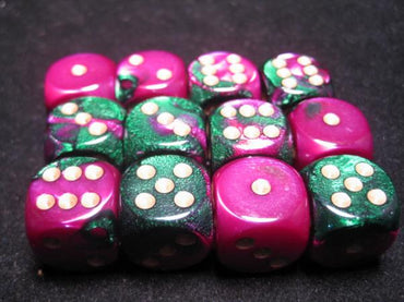 Chessex Dice Sets: Green-Purple/Gold Gemini 16mm d6 (12)