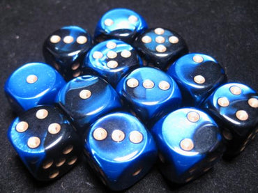 Chessex Dice Sets: Black-Blue/Gold Gemini 16mm d6 (12)