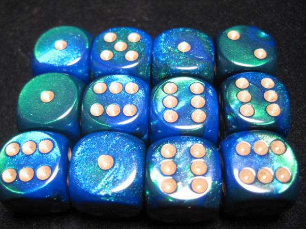 Chessex Dice Sets: Blue-Green/Gold Gemini 16mm d6 (12)