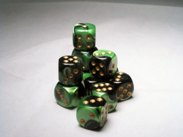 Chessex Dice Sets: Gemini 4 16mm D6 Black Green/gold (12)
