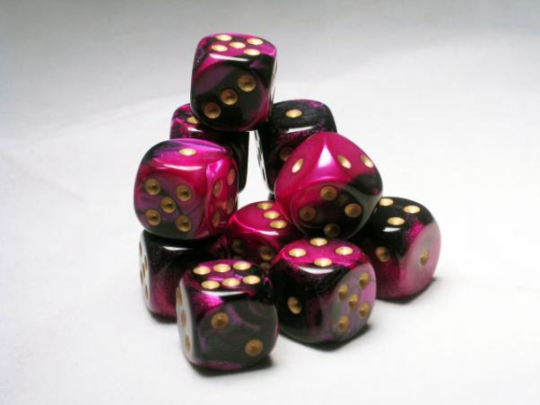 Chessex Dice Sets: Gemini 4 16mm D6 Black Purple/gold (12)