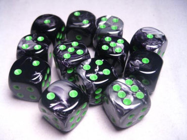 Chessex Dice Sets: Gemini # 5 16mm d6 Black-Grey/Green (12)