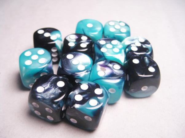 Chessex Dice Sets: Gemini # 5 16mm d6 Black-Shell/White (12)