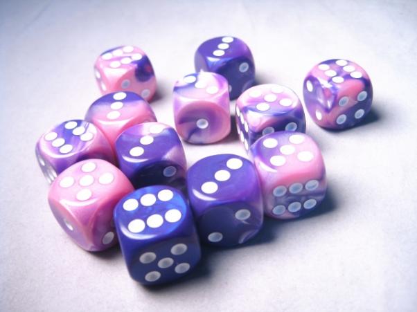 Chessex Dice Sets: Gemini # 6 16mm d6 Pink-Purple/White (12)