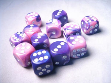 Chessex Dice Sets: Gemini # 6 16mm d6 Pink-Purple/White (12)