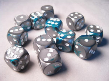 Chessex Dice Sets: Gemini # 6 16mm d6 Steel-Teal/White (12)