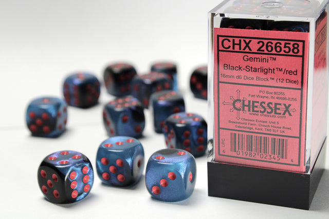 Chessex Dice Sets: Gemini # 7 16mm d6 Black-Starlight/red (12)
