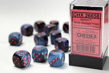 Chessex Dice Sets: Gemini # 7 16mm d6 Black-Starlight/red (12)