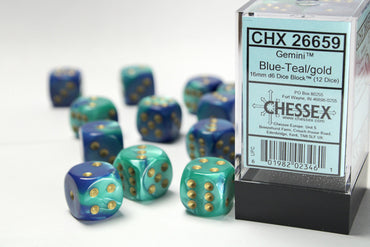 Chessex Dice Sets: Gemini # 7 16mm d6 Blue-Teal/gold (12)